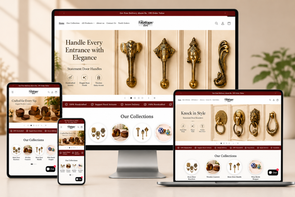 The Indian Aura Shopify eCommerce website customized by Amrita Infovision Pvt Ltd with responsive design and optimized shopping experience.